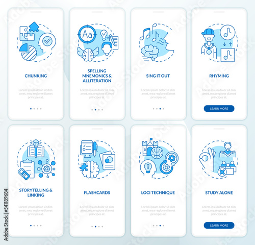 Verbal memorizing strategies blue onboarding mobile app screen set. Walkthrough 4 steps editable graphic instructions with linear concepts. UI, UX, GUI template. Myriad Pro-Bold, Regular fonts used