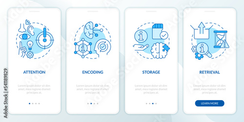 Memorizing information stages blue onboarding mobile app screen. Brain walkthrough 4 steps editable graphic instructions with linear concepts. UI, UX, GUI template. Myriad Pro-Bold, Regular fonts used