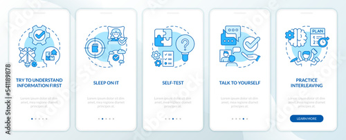 Easy memorizing tricks blue onboarding mobile app screen. Learning new walkthrough 5 steps editable graphic instructions with linear concepts. UI, UX, GUI template. Myriad Pro-Bold, Regular fonts used