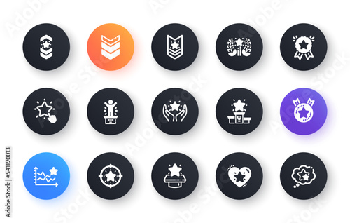 Ranking icons. First place, star rating and winner medal. Shoulder strap, army achievement and star ranking icons. Classic set. Circle web buttons. Vector