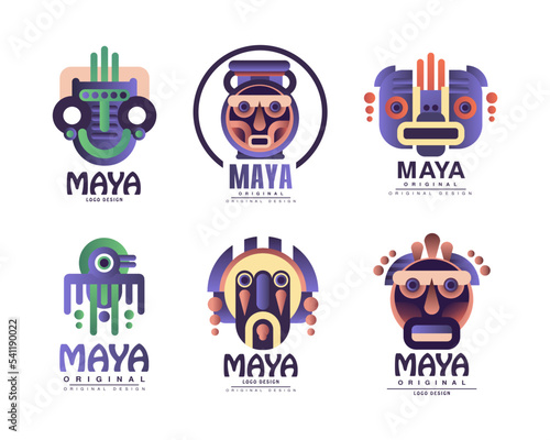 Maya Logo Original Design with Ethnic Mask Vector Set