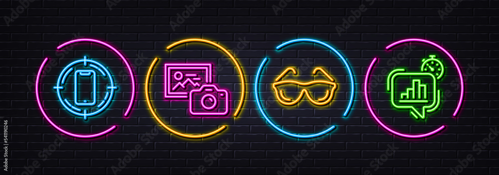 Photo camera, Smartphone target and Eyeglasses minimal line icons. Neon laser 3d lights. Statistics timer icons. For web, application, printing. Image photography, Phone, Optometry. Vector
