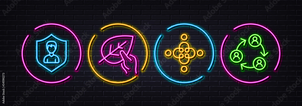 Inclusion, Security agency and Organic tested minimal line icons. Neon laser 3d lights. Teamwork icons. For web, application, printing. Equity justice, People protection, Paraben. Vector