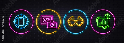 Photo camera, Smartphone target and Eyeglasses minimal line icons. Neon laser 3d lights. Statistics timer icons. For web, application, printing. Image photography, Phone, Optometry. Vector