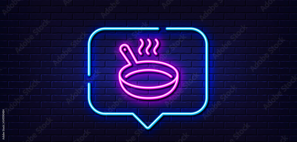Neon light speech bubble. Frying pan line icon. Cooking sign. Food preparation symbol. Neon light background. Frying pan glow line. Brick wall banner. Vector Neon light speech bubble. Frying pan line icon. Cooking sign. Food preparation symbol. Neon light background. Frying pan glow line. Brick wall banner. Vector