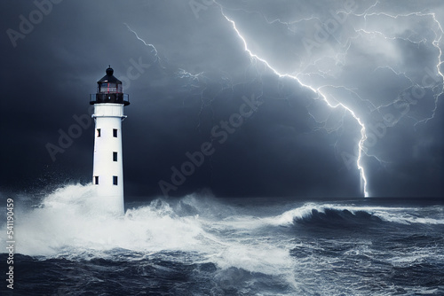 lighthouse on the coast of the sea thunder and lightning  photo