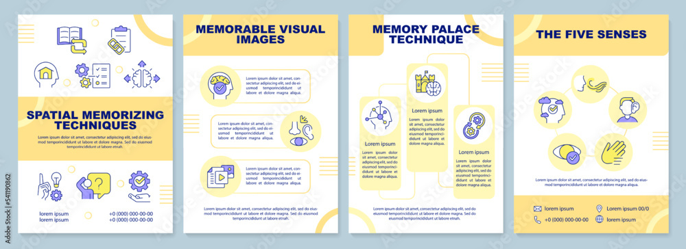Spatial memorizing techniques orange brochure template. Visual. Leaflet design with linear icons. Editable 4 vector layouts for presentation, annual reports. Arial-Black, Myriad Pro-Regular fonts used