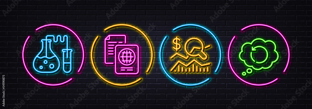 Check investment, Passport document and Chemistry lab minimal line icons. Neon laser 3d lights. Recovery data icons. For web, application, printing. Business report, Id docs, Laboratory. Vector