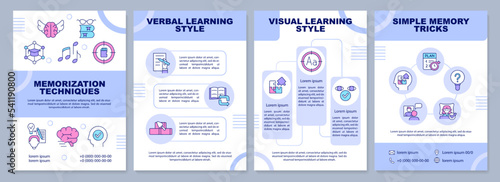 Memorization techniques blue brochure template. Learning style. Leaflet design with linear icons. Editable 4 vector layouts for presentation, annual reports. Arial-Black, Myriad Pro-Regular fonts used