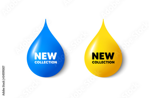 Paint drop 3d icons. New collection tag. New fashion arrival sign. Advertising offer symbol. Yellow oil drop, watercolor blue blob. New collection promotion. Vector