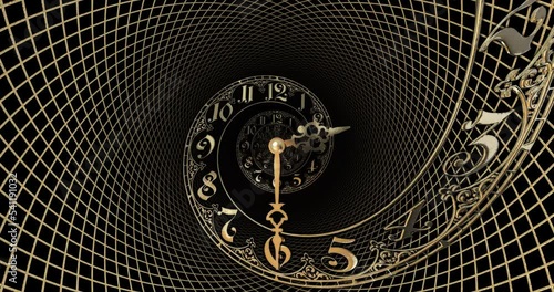Classic gold spiral dial endlessly moving towards the camera.The arrows describe a full circle . It symbolizes the infinity of time. 3D render