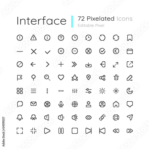 Minimalistic interface editable pixel ui icons set. Simple looking navigation. Outline 8bit graphic elements collection. Isolated retro vector images for web, mobile app. Montserrat Light font used