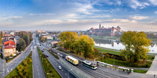 Autumn in Krakow, Poland at Wistula River aerial panorama.
