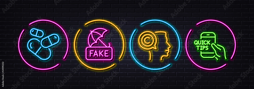 Fake news, Capsule pill and Writer minimal line icons. Neon laser 3d lights. Education icons. For web, application, printing. Umbrella secure, Medicine drugs, Copyrighter. Quick tips. Vector