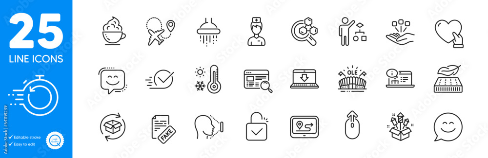 Outline icons set. Online documentation, Return parcel and Swipe up icons. Shower, Lightweight mattress, Internet downloading web elements. Fast recovery, Face id, Fake news signs. Vector Outline icons set. Online documentation, Return parcel and Swipe up icons. Shower, Lightweight mattress, Internet downloading web elements. Fast recovery, Face id, Fake news signs. Vector