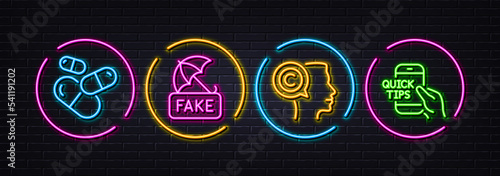 Fake news, Capsule pill and Writer minimal line icons. Neon laser 3d lights. Education icons. For web, application, printing. Umbrella secure, Medicine drugs, Copyrighter. Quick tips. Vector