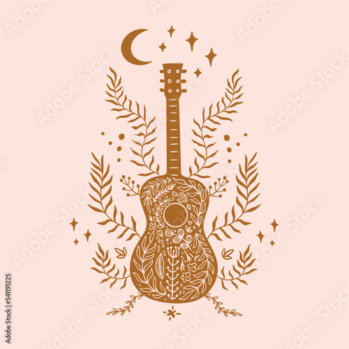 Boho poster decorated floral guitar. Trendy celestial bohemian symbol on pink background. Celestial hand drawn linocut guitar with crescent moon, card for wall art. Vector illustration for print.