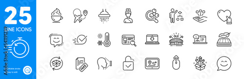 Outline icons set. Online documentation, Return parcel and Swipe up icons. Shower, Lightweight mattress, Internet downloading web elements. Fast recovery, Face id, Fake news signs. Vector