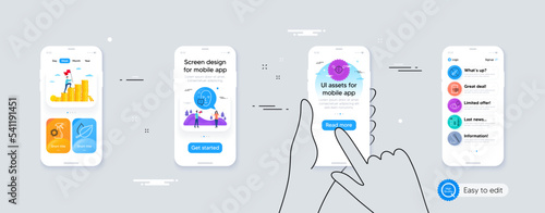 Set of Medical mask, Face attention and No vaccine line icons. Phone ui interface. Include Eye drops, Blood and saliva test, Mint leaves icons. Vector