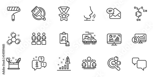 Outline set of Winner, Analytics graph and Chemical formula line icons for web application. Talk, information, delivery truck outline icon. Include Equity, Development plan, Brush icons. Vector