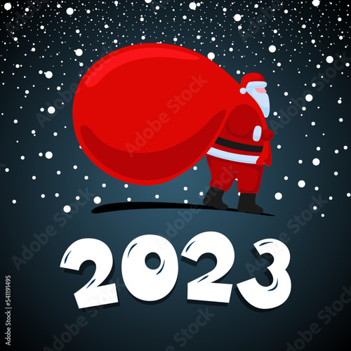 Santa Claus cartoon character coming and carries large heavy gifts red bag. Christmas and Happy New 2023 year holiday greeting card on night background. Vector celebration calendar poster illustration