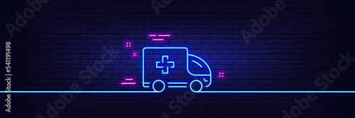 Neon light glow effect. Ambulance emergency car line icon. Hospital transportation vehicle sign. Medical symbol. 3d line neon glow icon. Brick wall banner. Ambulance emergency outline. Vector