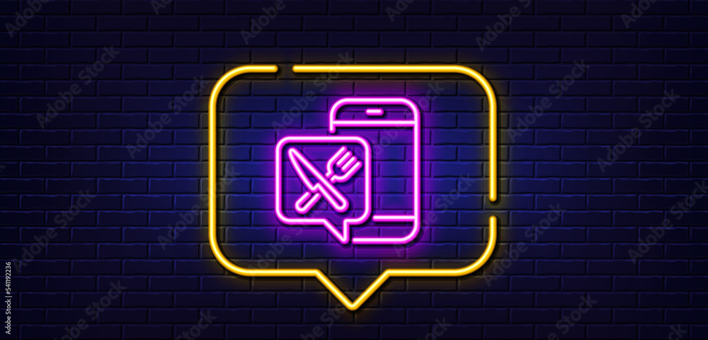 Neon light speech bubble. Restaurant food app line icon. Contactless meal order sign. Grocery phone application symbol. Neon light background. Food app glow line. Brick wall banner. Vector Neon light speech bubble. Restaurant food app line icon. Contactless meal order sign. Grocery phone application symbol. Neon light background. Food app glow line. Brick wall banner. Vector