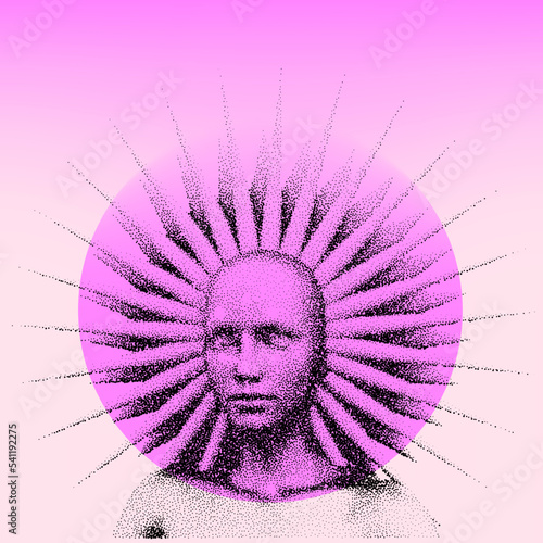 Vector 3D illustration of a bald woman with a halo made of particles.