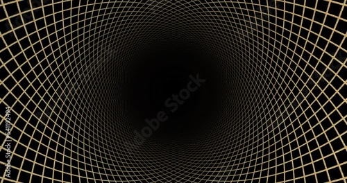 The golden tunnel from the grid moves to the camera. 3D render