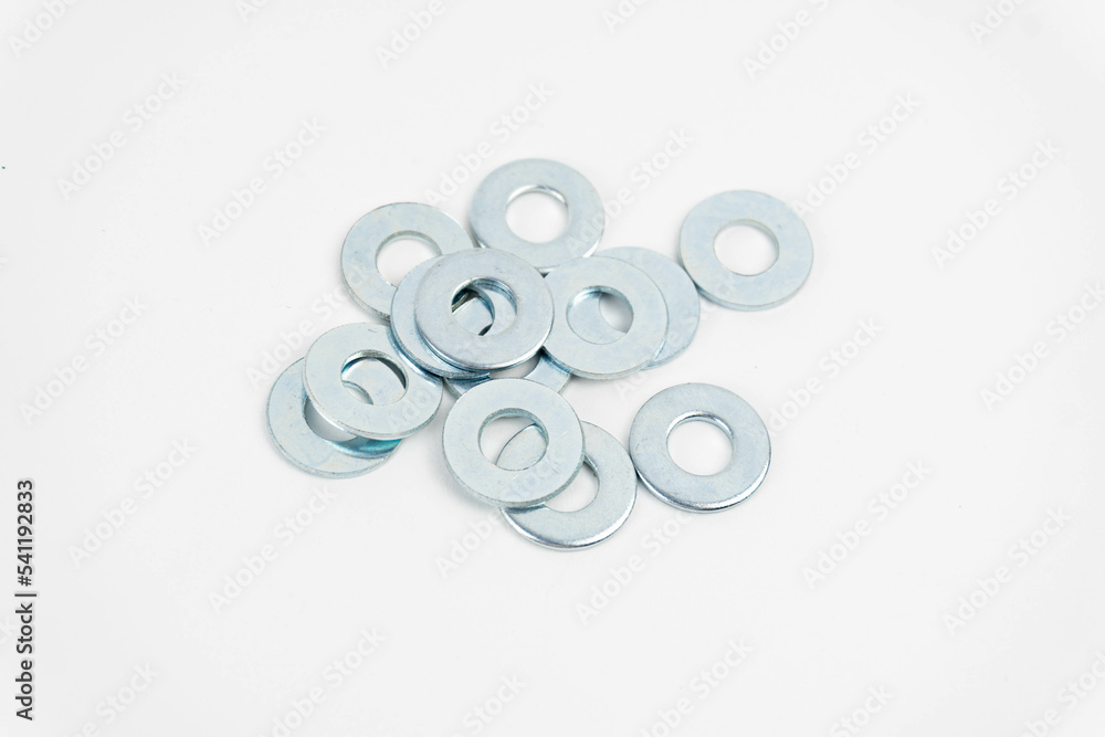 Group of new shiny packing rings. White background.