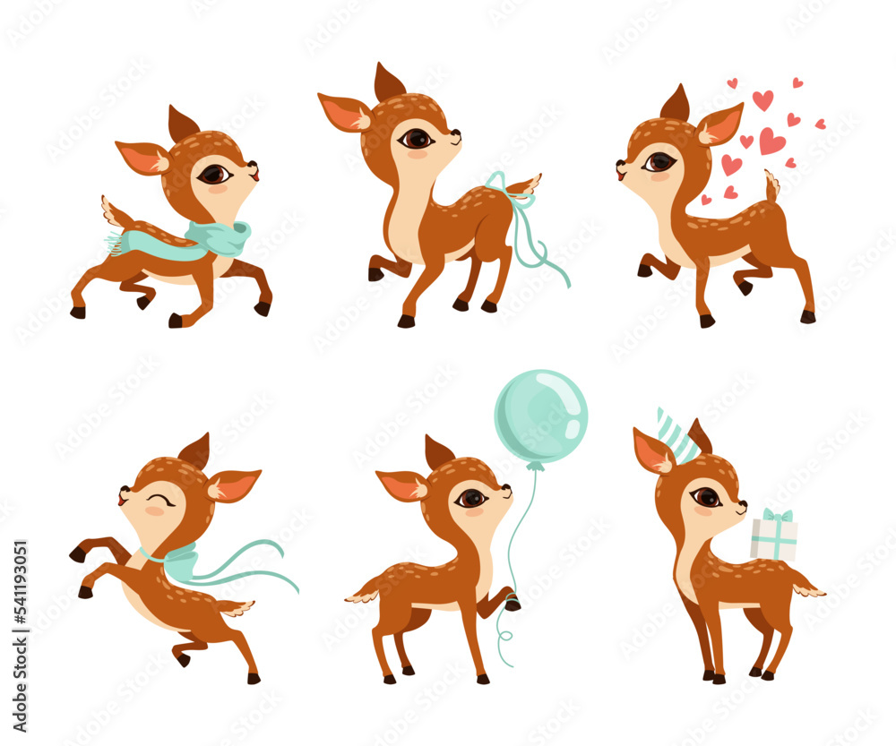 Fototapeta premium Cute Brown Fawn or Baby Deer Wearing Scarf, Holding Balloon, Jumping and Carrying Gift Box Vector Set