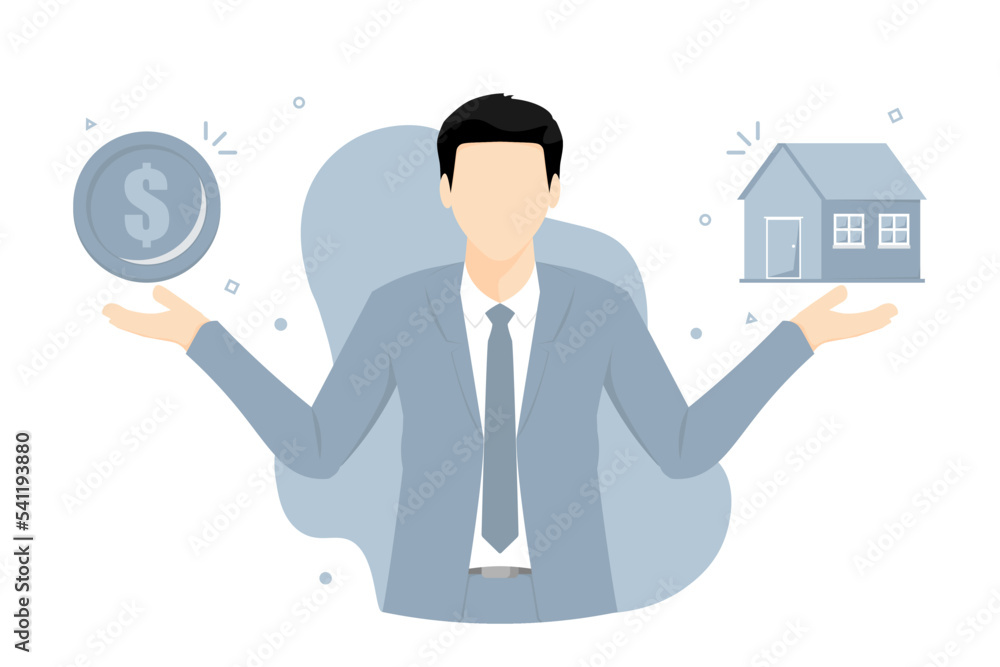 Cartoon businessman housing broker design, Housing investment concepts, Digital marketing illustration. Cartoon businessman housing broker design, Housing investment concepts, Digital marketing illustration.