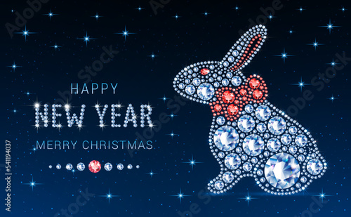 Banner with cute diamond bunny. Jewelry for Christmas and New Year according to the Chinese calendar. Neon blue background with bright stars. Vector.
