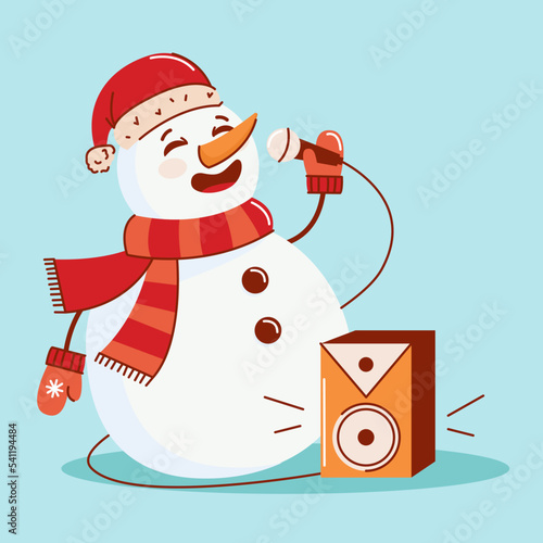 Vector illustration of a snowman with a microphone singing karaoke. The concept of New Year and Christmas