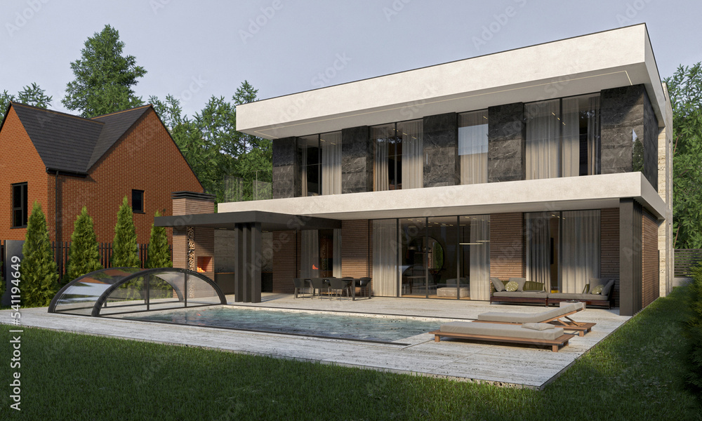 3D visualization of a modern house with a swimming pool and a large terrace. House with a carport and utility block. Facade in ceramic tiles