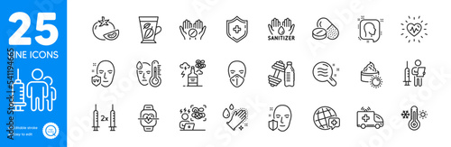 Outline icons set. Sun cream  Coronavirus vaccine and Ambulance car icons. Cardio training  Thermometer  Fever web elements. Hand sanitizer  Dumbbell  Face protection signs. Vector