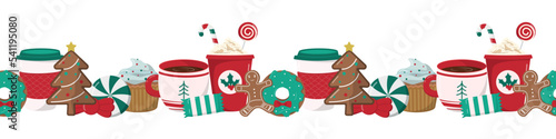 Christmas and Happy New Year seamless border with Christmas sweets and drinks. Trendy retro style. Vector design template.