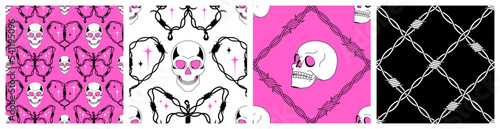Y2k black and pink trippy seamless patterns. Acid weird emo goth Backgrounds in trendy style. Glamour skull, scary barbed wire. 90s, 00s, 2000s aesthetic for fabric, surface. photo