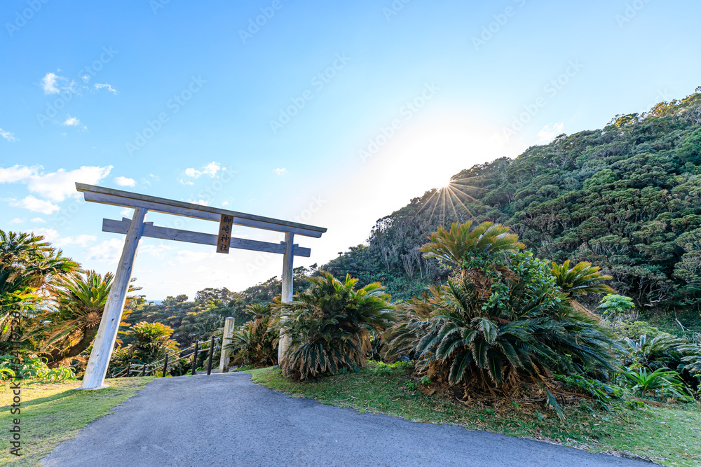 秋の御崎神社 都井岬 宮崎県串間市 Misaki Shrine in autumn. Cape Toi. Miyazaki prefecture Kushima city. 秋の御崎神社 都井岬 宮崎県串間市 Misaki Shrine in autumn. Cape Toi. Miyazaki prefecture Kushima city.