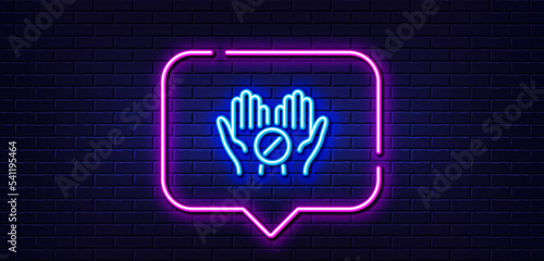 Neon light speech bubble. Medical tablet line icon. Medicine drugs sign. Pharmacy medication symbol. Neon light background. Medical tablet glow line. Brick wall banner. Vector