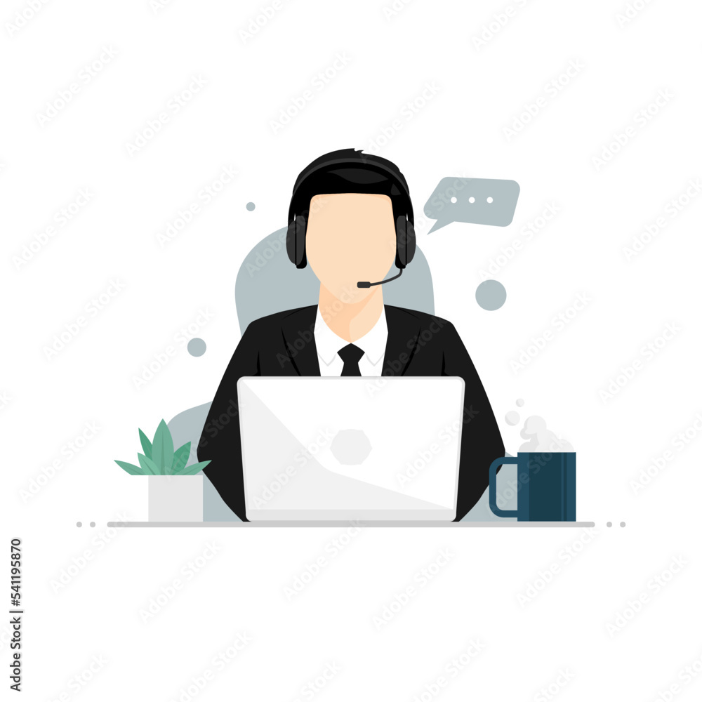 Call center in uniform suit working on laptop, Digital marketing illustration. Call center in uniform suit working on laptop, Digital marketing illustration.