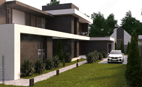 3D visualization of a modern house with a terrace and panoramic windows. Modern architecture.