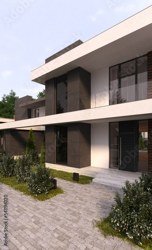 3D visualization of a modern house with a terrace and panoramic windows. Modern architecture.