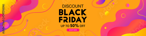 Black friday sale discount promotion banner, poster. Modern background with abstract flowing elements and dynamic geometric shapes. Final sale up to 50% off. Banner template, vector illustration  