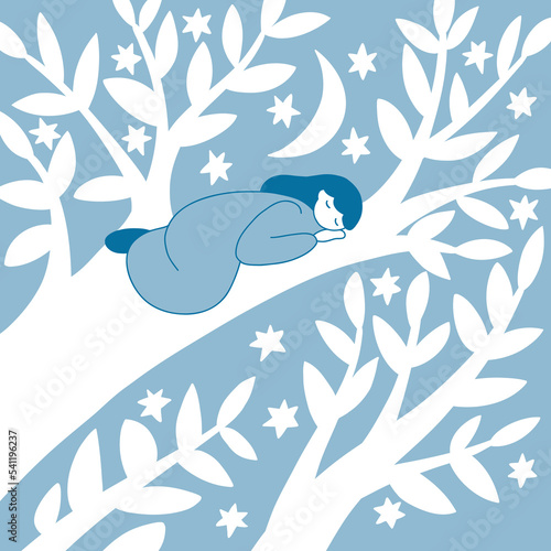 girl or woman calm sleeping on a tree at night in wood among nature, stars and moon