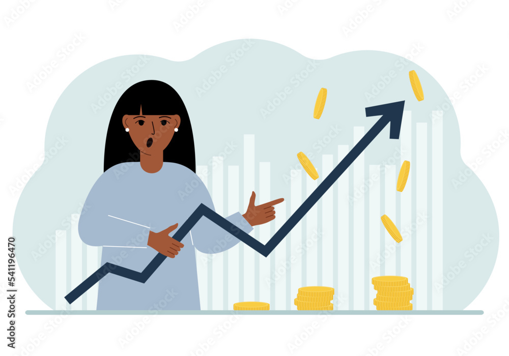 The woman is holding an arrow pointing up. The concept of growth in business, company promotion or business income growth. The woman is holding an arrow pointing up. The concept of growth in business, company promotion or business income growth.