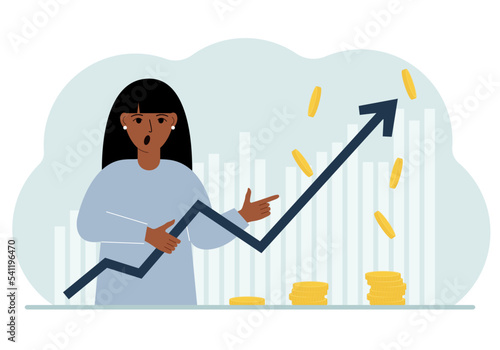 The woman is holding an arrow pointing up. The concept of growth in business, company promotion or business income growth.