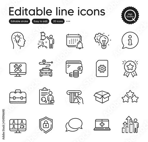 Set of Technology outline icons. Contains icons as Idea gear, Portfolio and Messenger elements. Ranking stars, Ranking star, Repair web signs. Inspect, Bitcoin project. Outline idea gear icon. Vector