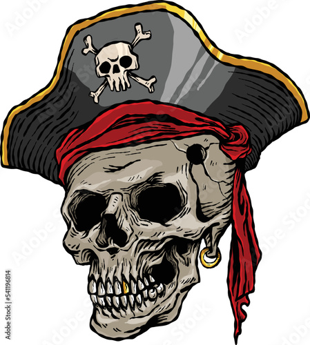 Pirates skull captain with with a pirate hat art vectors hand drawing colorful