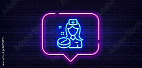 Neon light speech bubble. Nurse line icon. Medicine drugs sign. Pharmacy medication symbol. Neon light background. Nurse glow line. Brick wall banner. Vector